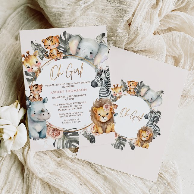 Boho  Blommigt Foliage Safari Baby Shower Inbjudningar (Girls safari baby shower invitation featuring various jungle animals surrounding a circle frame.)