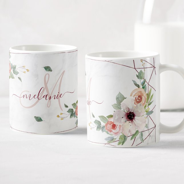 Boho Blommigt Geometric Ro Anpassningsbar Monogram Kaffemugg (Skapare uppladdad)