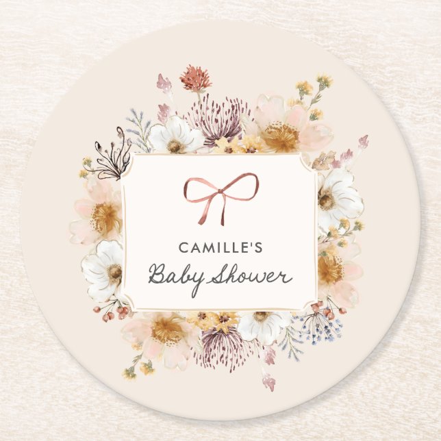 Boho Blommigt Girl Baby Shower Underlägg Papper Rund (Framsidan)
