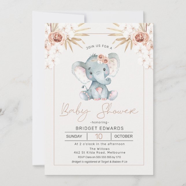 Boho Blommigt Girls Elephant Baby Shower-inbjudan Inbjudningar (Framsida)