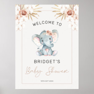 Boho Blommigt Girls Elephant Baby Shower Välkommen Poster