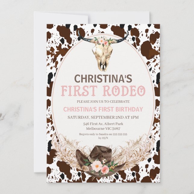 Boho Blommigt Girls First Rodeo 1:a födelsedagen Inbjudningar (Framsida)