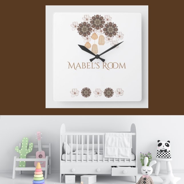 Boho Blommigt Girl's Monogram Fyrkantig Klocka (Skapare uppladdad)