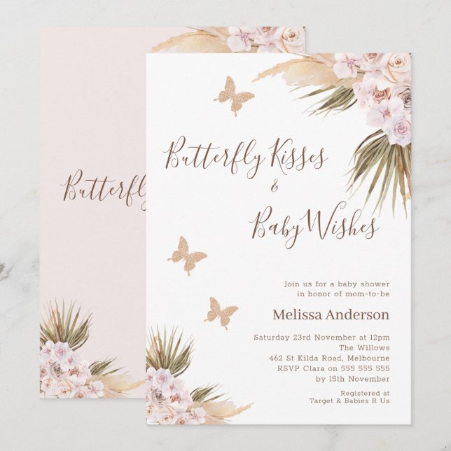 Boho Blommigt Glitter Butterfly Kisses Baby Shower Inbjudningar (Fram/baksida)