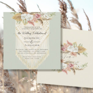 BOHO Blommigt Greenery Pampas Grass Mint Bröllop Inbjudningar
