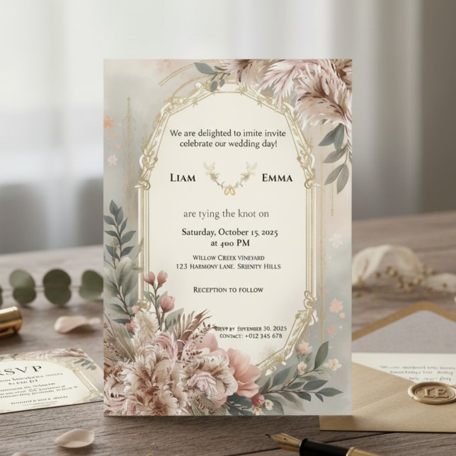 Boho  Blommigt Guld bröllopsinbjudan Inbjudningar (Skapare uppladdad)