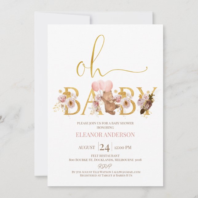 Boho Blommigt Guld Ord Nalle Baby Shower Inbjudningar (Framsida)