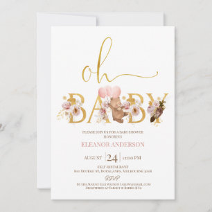 Boho Blommigt Guld Ord Nalle Baby Shower Inbjudningar