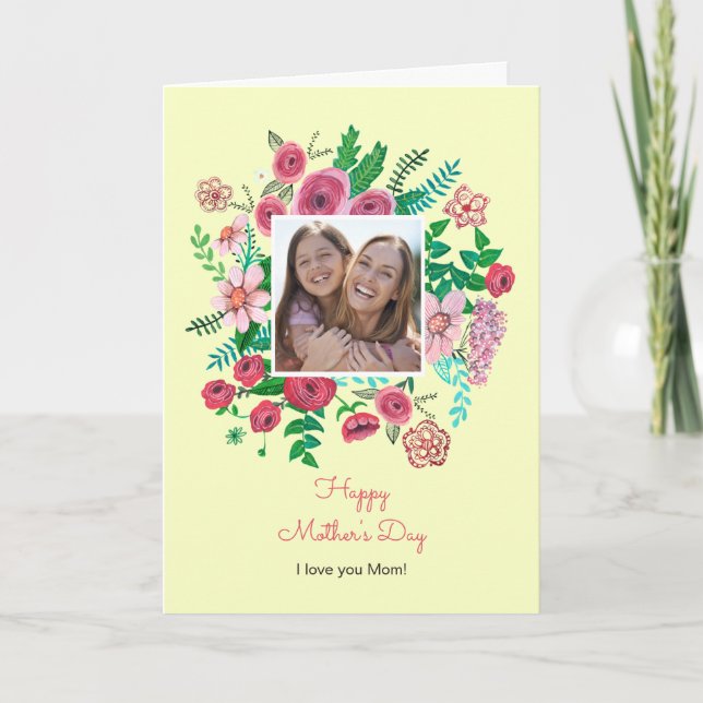 Boho blommigt gult girly mors dag teckning kort (Framsida)