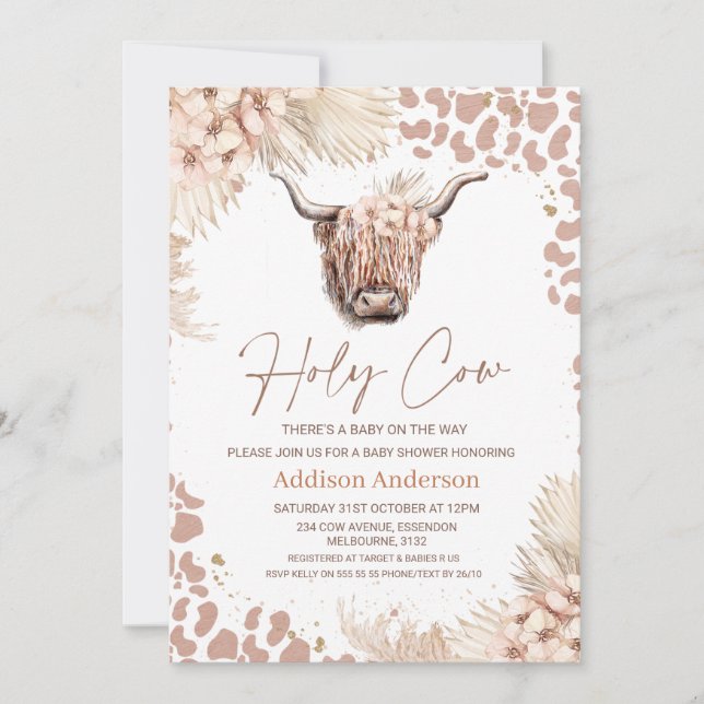 Boho Blommigt Heliga Cow Highland Cow Baby Shower  Inbjudningar (Framsida)