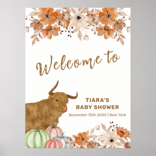Boho Blommigt Highland Cow Baby Shower Välkommen Poster (Framsidan)