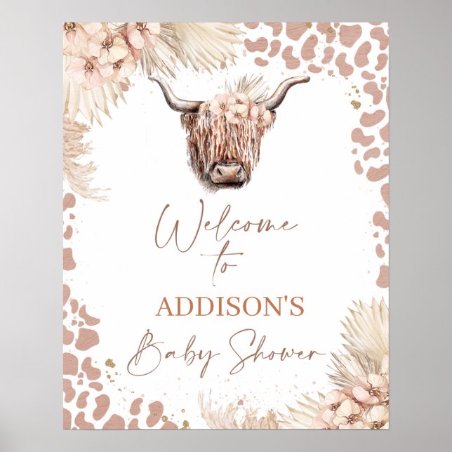 Boho Blommigt Highland Cow Baby Shower Välkommen Poster (Framsidan)