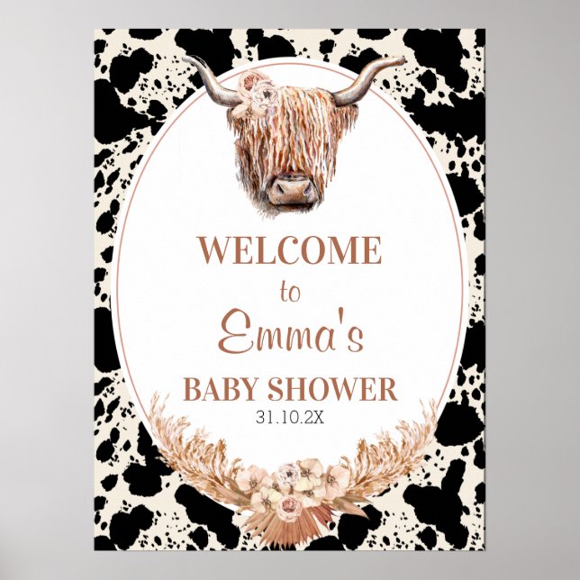 Boho Blommigt Highland Cow Baby Shower Välkomsttec Poster (Framsidan)