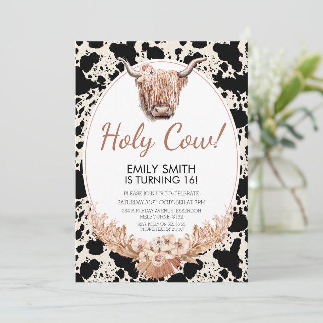Boho Blommigt Highland Cow Birthday bjudande Inbjudningar (Stående Fram)