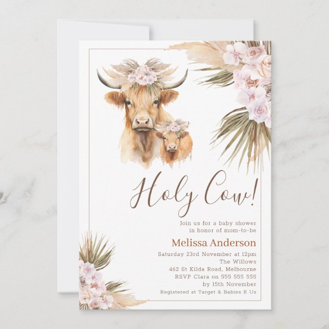 Boho Blommigt Highland Cow Calf Baby Shower Inbjudningar (Framsida)