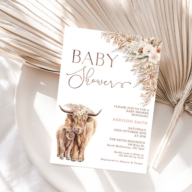 Boho Blommigt Highland Cow Calf Baby Shower Inbjudningar (Boho Floral Highland Cow baby Shower Invitation, Cow Calf Baby Shower Invite, Holy Cow Bohemian )