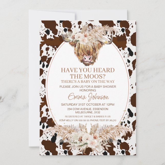 Boho Blommigt Highland Cow Cowhide Baby Shower Inbjudningar (Framsida)