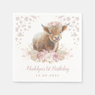 Boho Blommigt Highland Cow Girl 1st Birthday Pappersservett