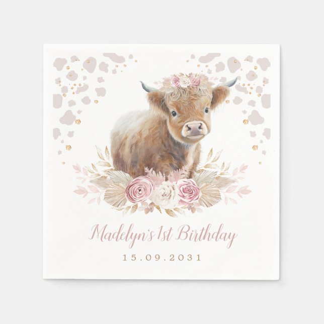 Boho Blommigt Highland Cow Girl 1st Birthday Pappersservett (Framsidan)