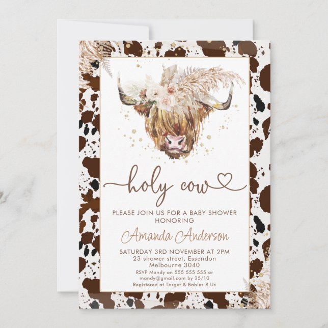Boho Blommigt Highland Cow Heart Text Baby Shower Inbjudningar (Framsida)