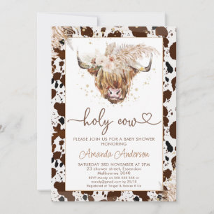 Boho Blommigt Highland Cow Heart Text Baby Shower Inbjudningar