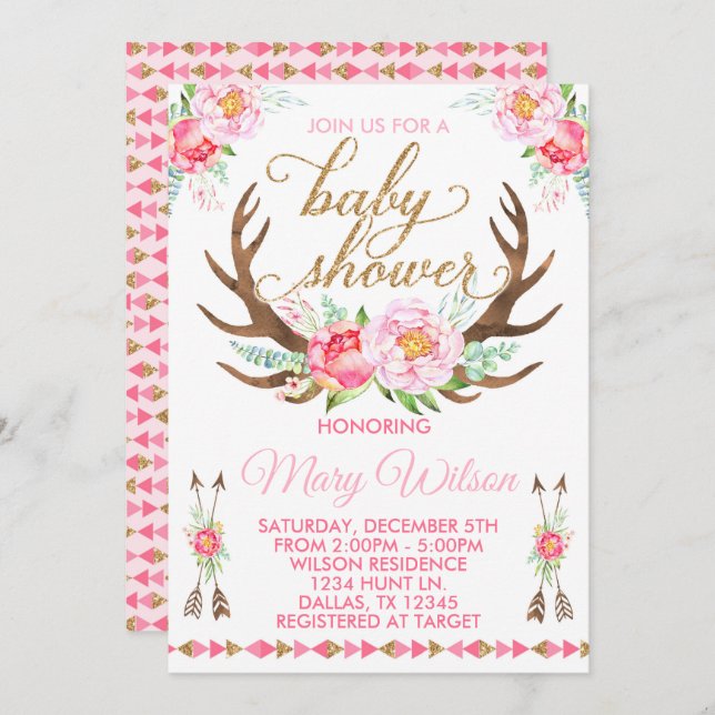Boho Blommigt Hjort Antler Baby Shower-inbjudan Inbjudningar (Fram/baksida)
