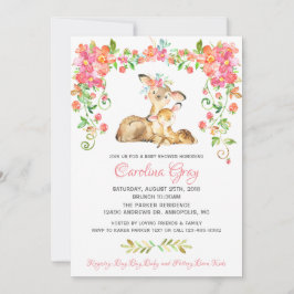 Boho Blommigt Hjort Inbjudan Rosa Baby Shower