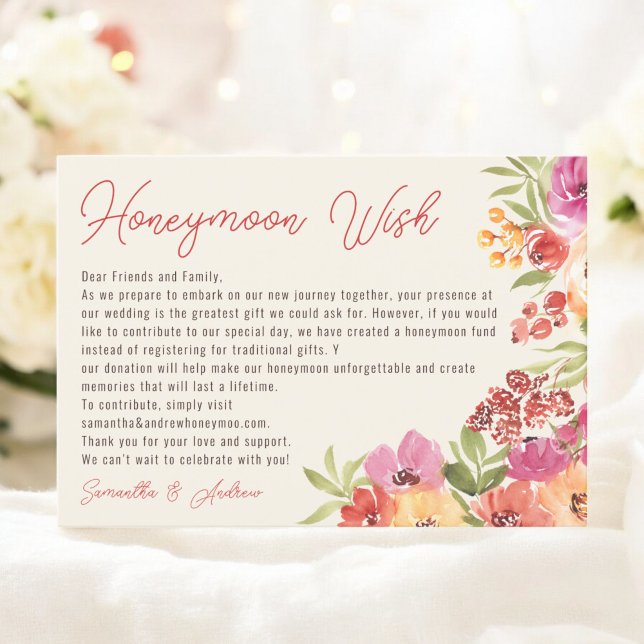 Boho Blommigt Honeymoon Fund Möhippa Tilläggskort (Boho Floral Honeymoon Fund Bridal Shower Enclosure Card)