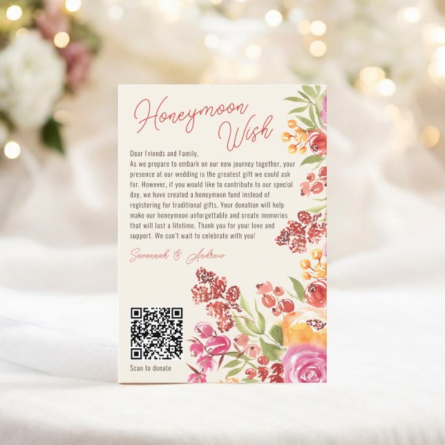 Boho Blommigt Honeymoon Fund QR Code Möhippa Tilläggskort (Boho Floral Honeymoon Fund QR Code Bridal Shower Enclosure Card)