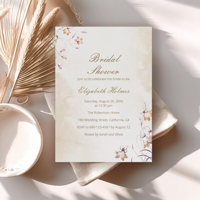 Boho Blommigt Inbjudningskort för möhippan (Boho Floral Bridal Shower Invitation on a neutral boho table.)