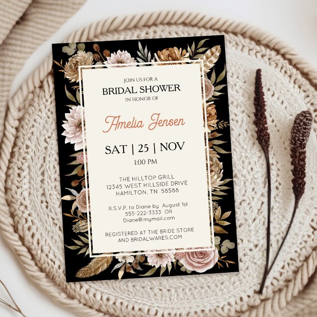 Boho Blommigt Inbjudningskort för möhippan (Front of Boho Floral Black Boho Bridal Shower Invitation)
