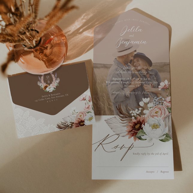 Boho Blommigt Land Westerna monogram Photo Bröllop (Boho Floral Country Western Monogram Photo Wedding All In One Invitation)