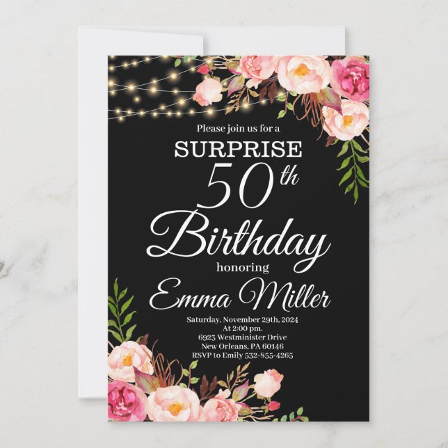 Boho Blommigt & Ljus Surprise 50:e födelsedagen Inbjudningar (Framsida)
