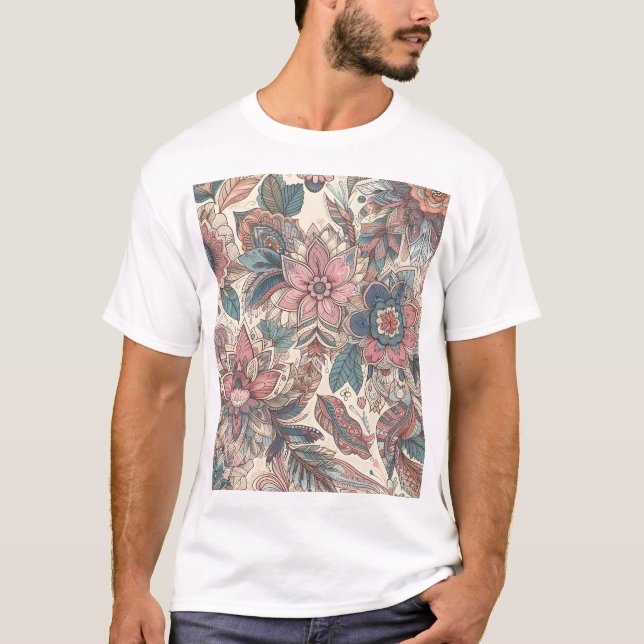 Boho Blommigt Mandala Mönster Art Skriv ut T Shirt (Framsida)