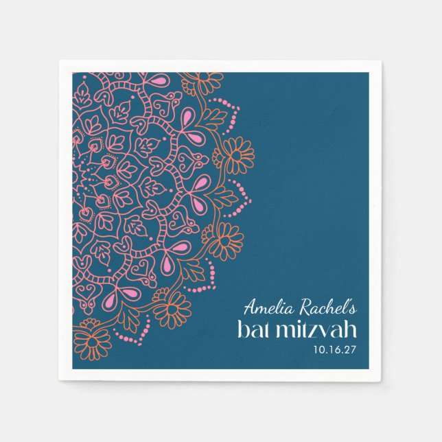 Boho Blommigt Mandala Teal Blue Bat mitzvah Anpass Pappersservett (Framsidan)