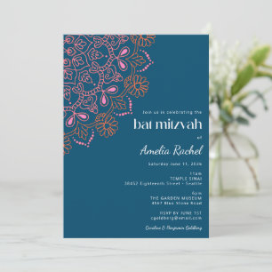 Boho Blommigt Mandala Teal Blue Bat mitzvah Inbjudningar