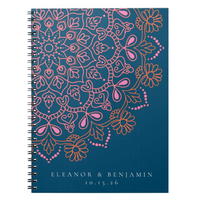 Boho Blommigt Mandala Teal Blue Elegant bröllop Anteckningsbok (Framsidan)