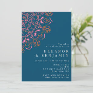 Boho Blommigt Mandala Teal Blue Elegant bröllop Inbjudningar