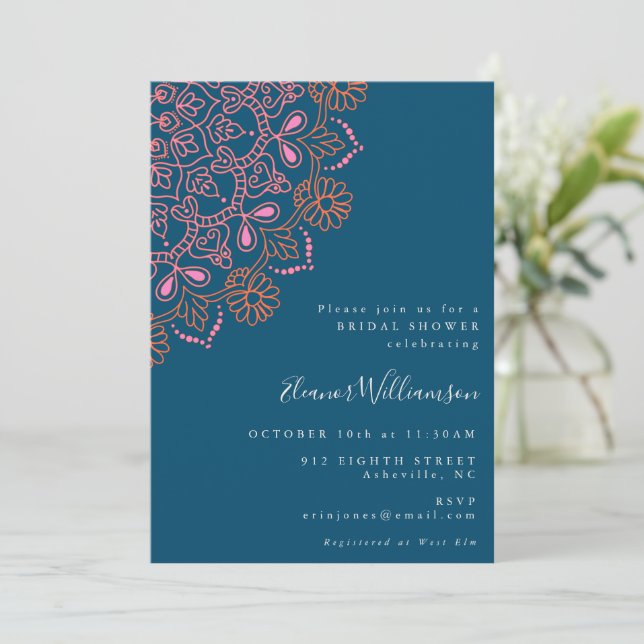Boho Blommigt Mandala Teal Blue Möhippa Inbjudningar (Stående Fram)