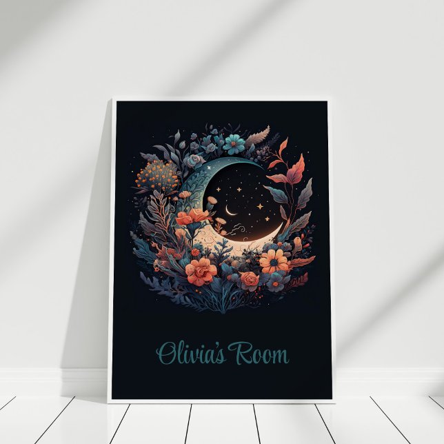Boho Blommigt Måne med eget namn Poster (Boho Floral Moon with Custom Name Poster in a white frame.)