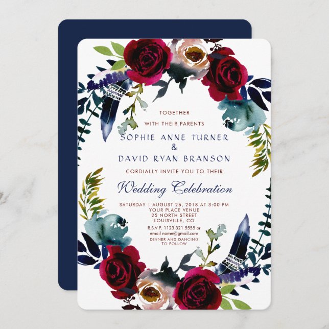 Boho Blommigt Marsala Navy Blue Wedding bjudande i Inbjudningar (Fram/baksida)