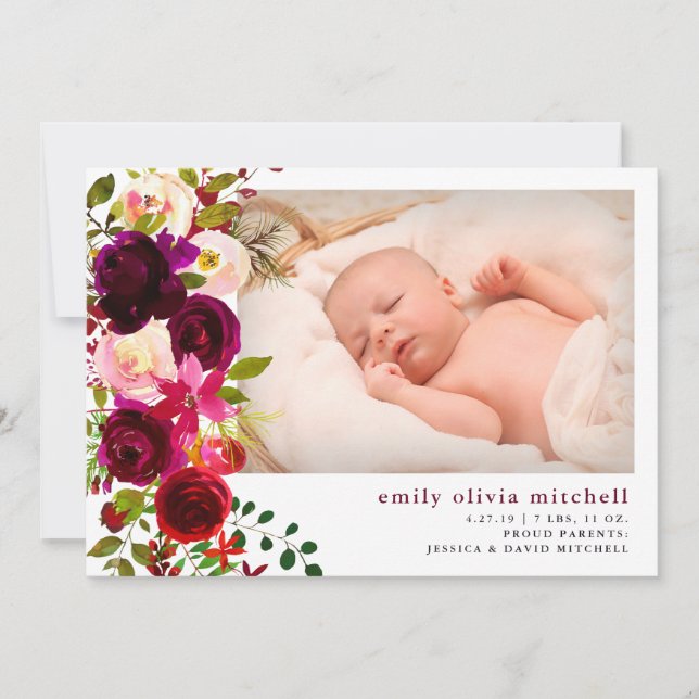 Boho Blommigt | Marsala Photo Birth Notice Meddelande (Framsida)
