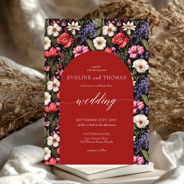 Boho-blommigt med färgstarka vilder inbjudningar (Trendy spring vibrant colorful wild flowers wedding invitation)