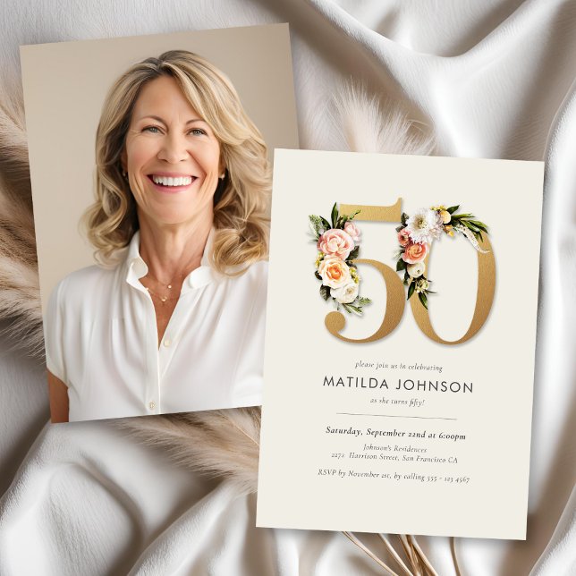Boho-Blommigt med foto 50:e födelsedagen Inbjudningar (Boho Floral with Photo 50th Birthday Invitation)