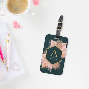 Boho Blommigt med Guld Ram Monogram Bagagebricka