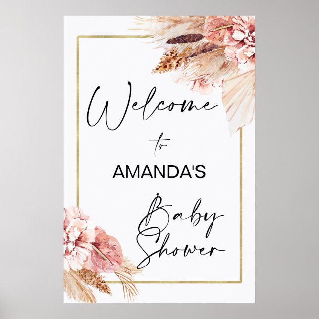 Boho-Blommigt med Pampas Grass Välkomstbabyskor Poster (Framsidan)