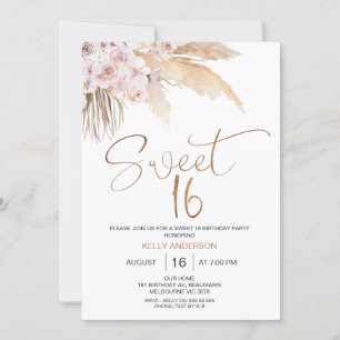 Boho Blommigt med Pampas Sweet 16 födelsedagar Inbjudningar