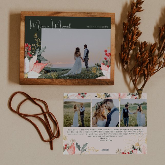 Boho Blommigt Merry och Married Fyra fotojul Julkort (Skapare uppladdad)
