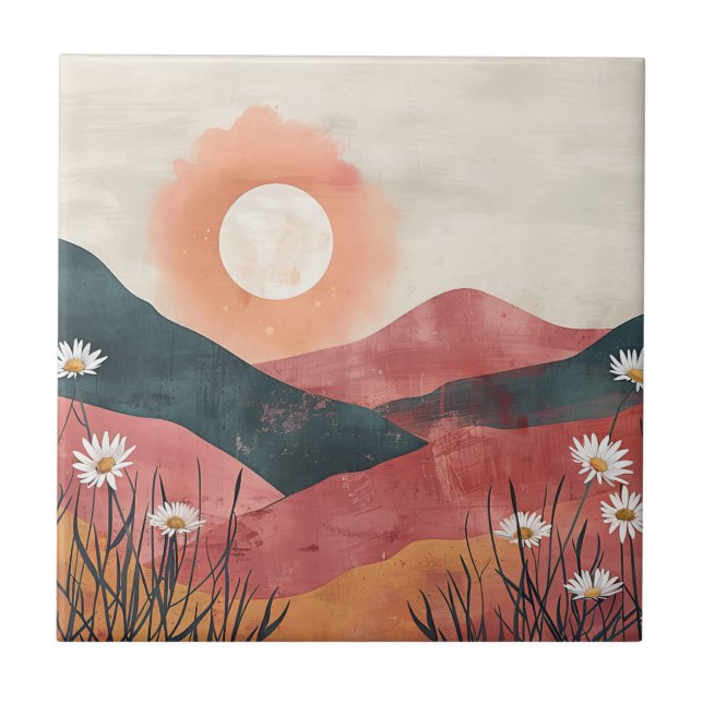 Boho Blommigt Mountain Sunset - Rustic Natur Kakelplatta (Framsidan)