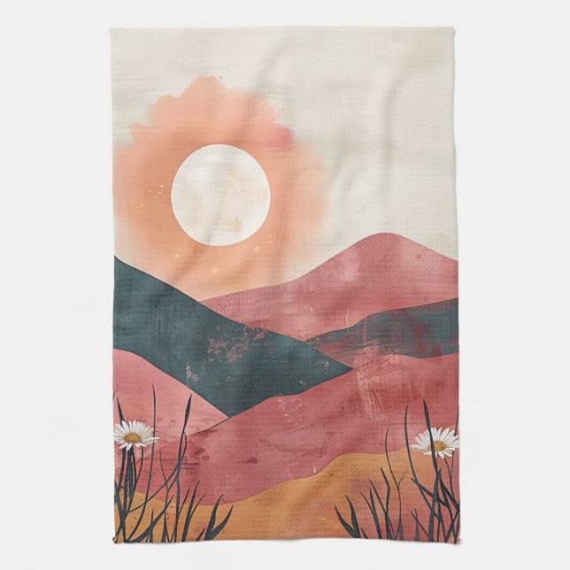 Boho Blommigt Mountain Sunset - Rustic Natur Kökshandduk (Vertikal)